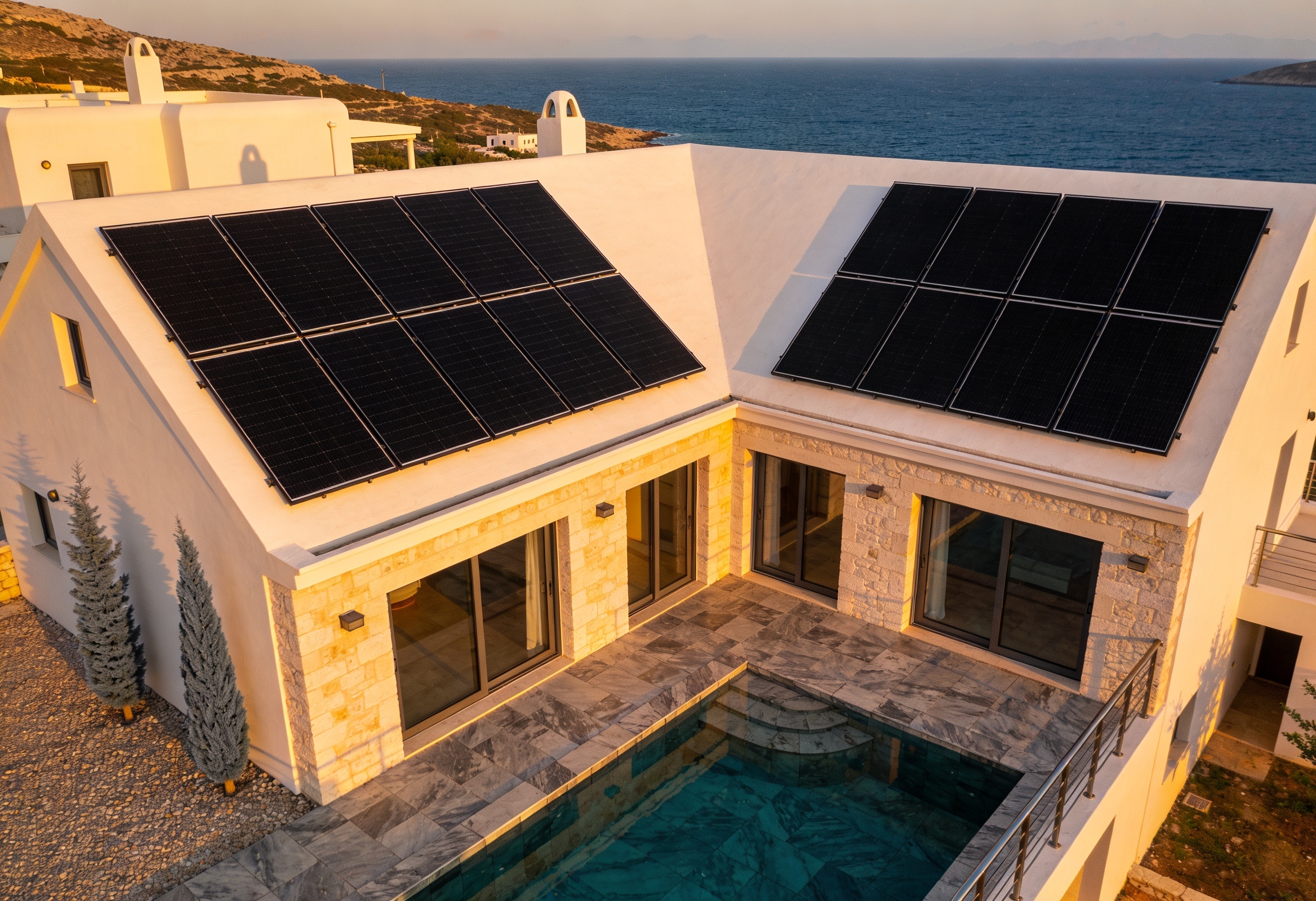 Çeşmede tamamlanmış villa çatı güneş paneli kurulumu havadan çekim