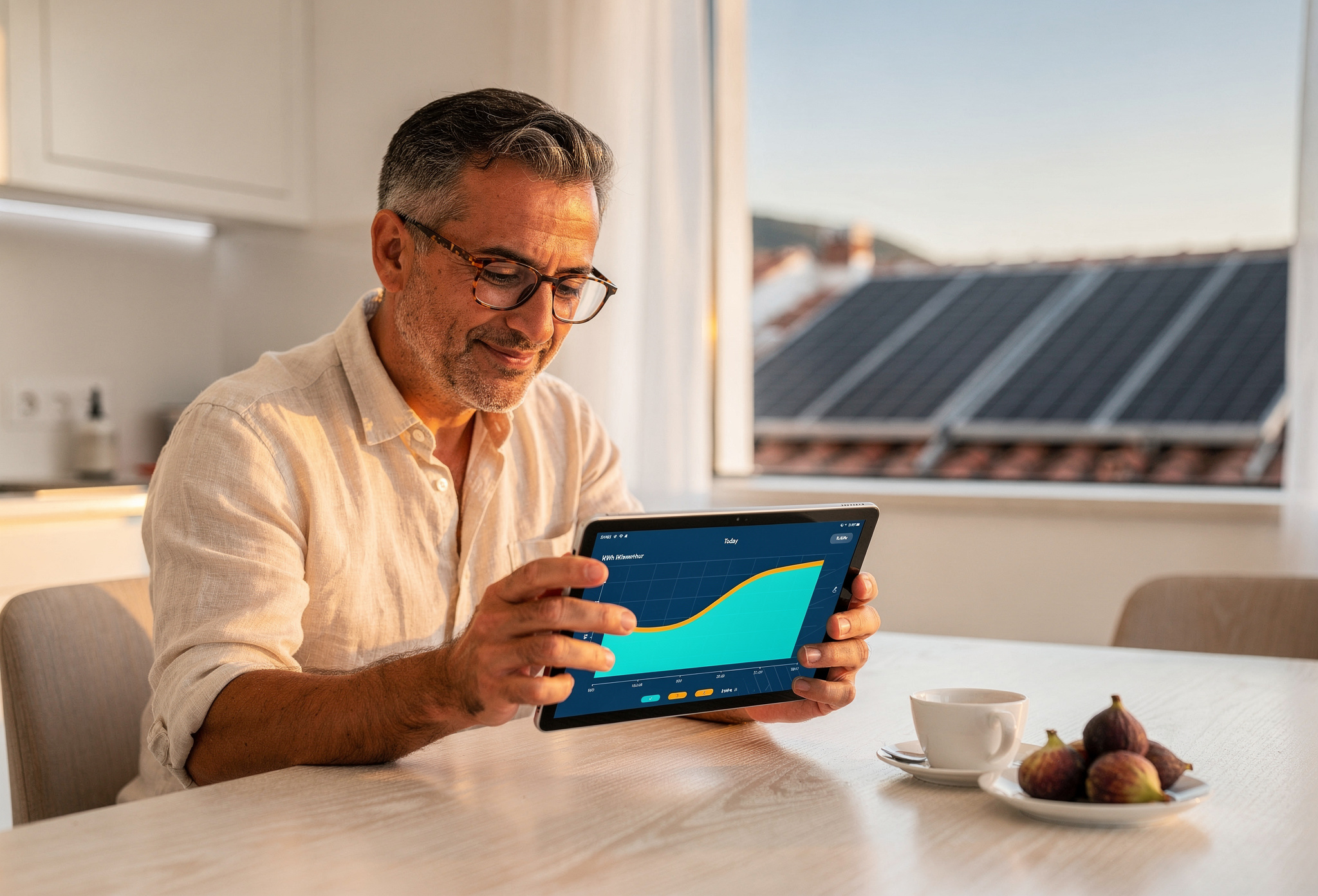 Ev sahibi mutfakta tablet üzerinde güneş enerjisi üretim grafiğini inceliyor