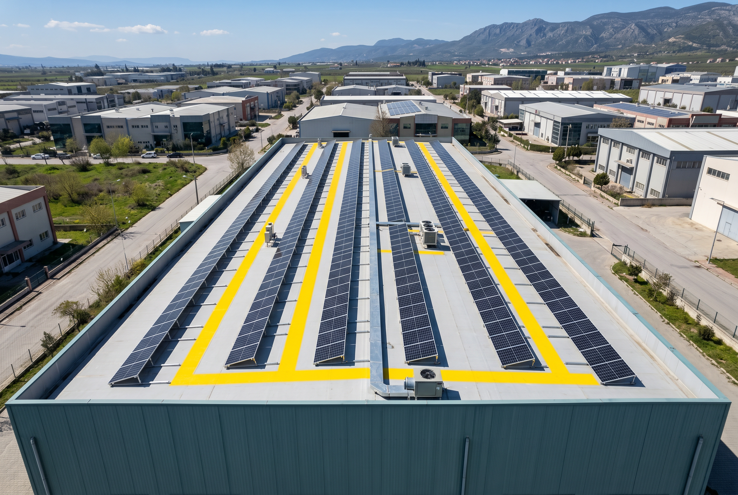 Manisada tekstil fabrikasının düz çatısında 220 kWp güneş enerjisi sistemi havadan dik çekim