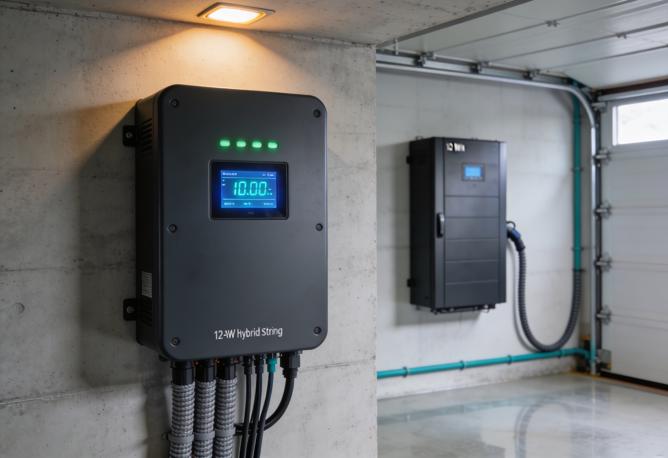 Beton duvara monte edilmiş hibrit güneş inverter cyan LCD ekranlı yanında lityum batarya