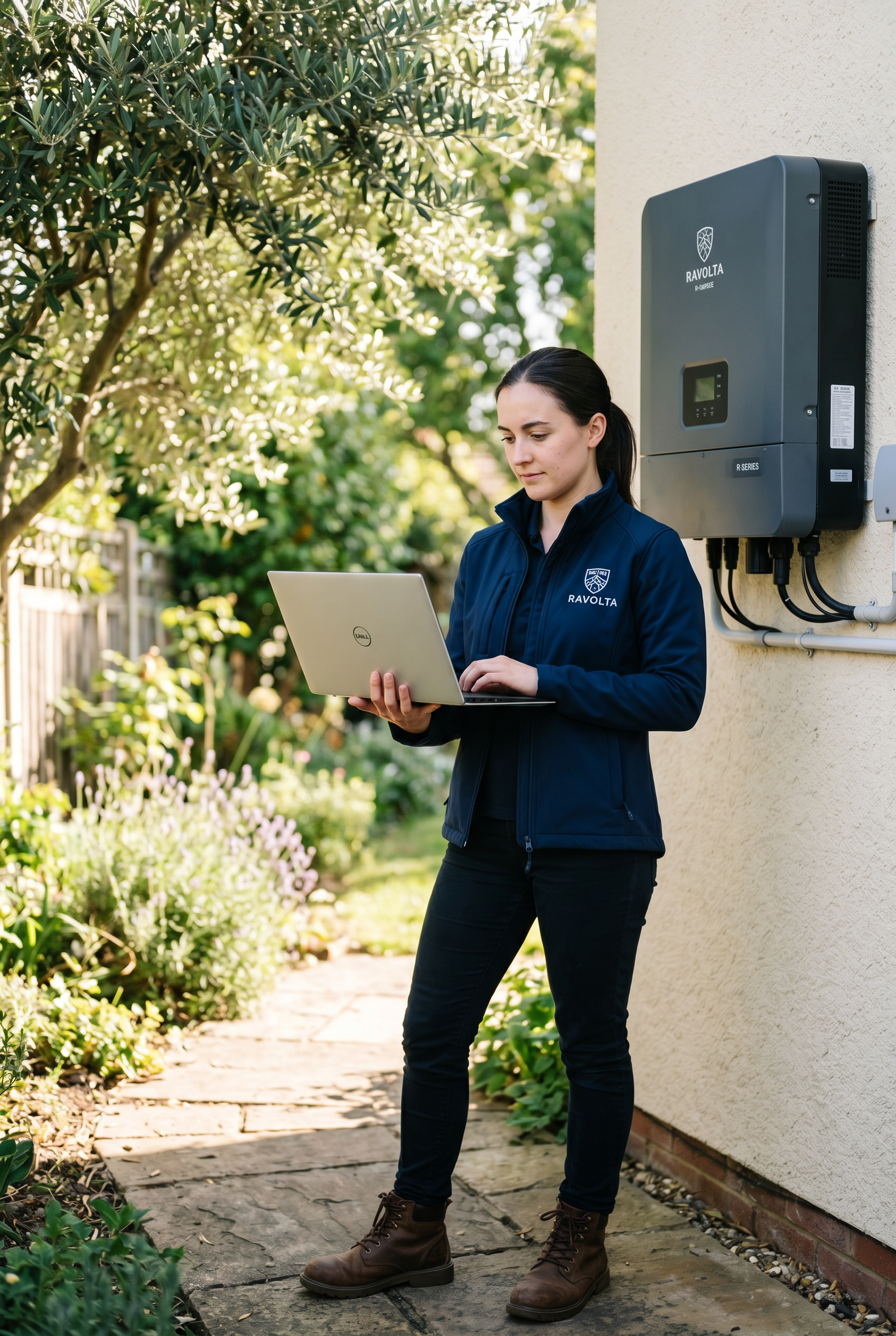 Elektrik mühendisi Defne dizüstü bilgisayar tutuyor güneşli bahçede inverter önünde
