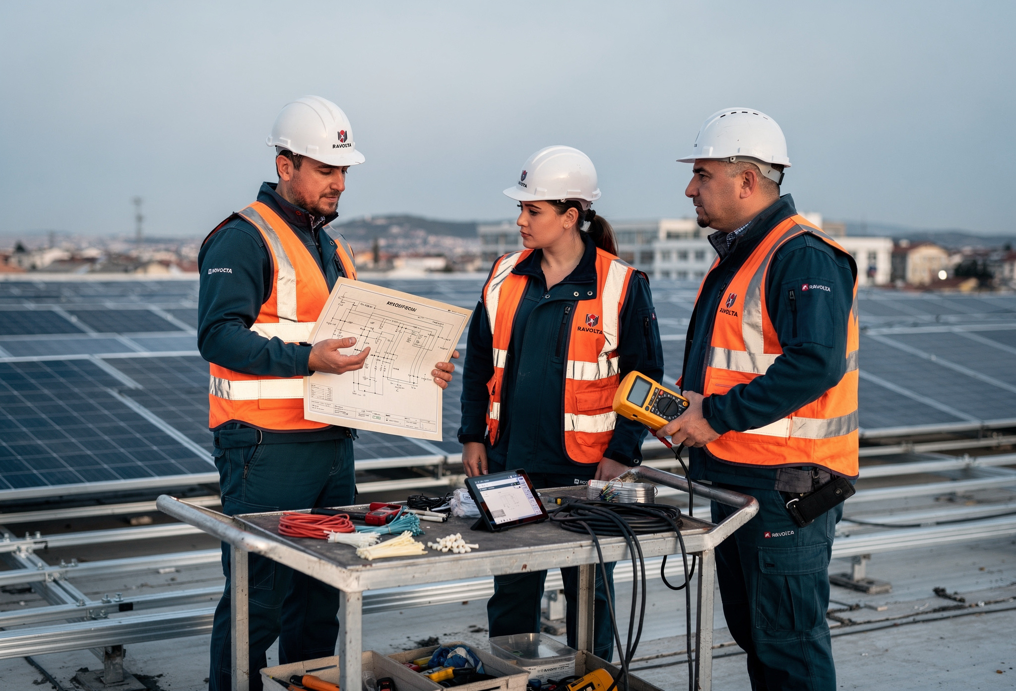 Üç Ravolta mühendisi düz çatıda elektrik şemasını inceliyor güneşli sabah