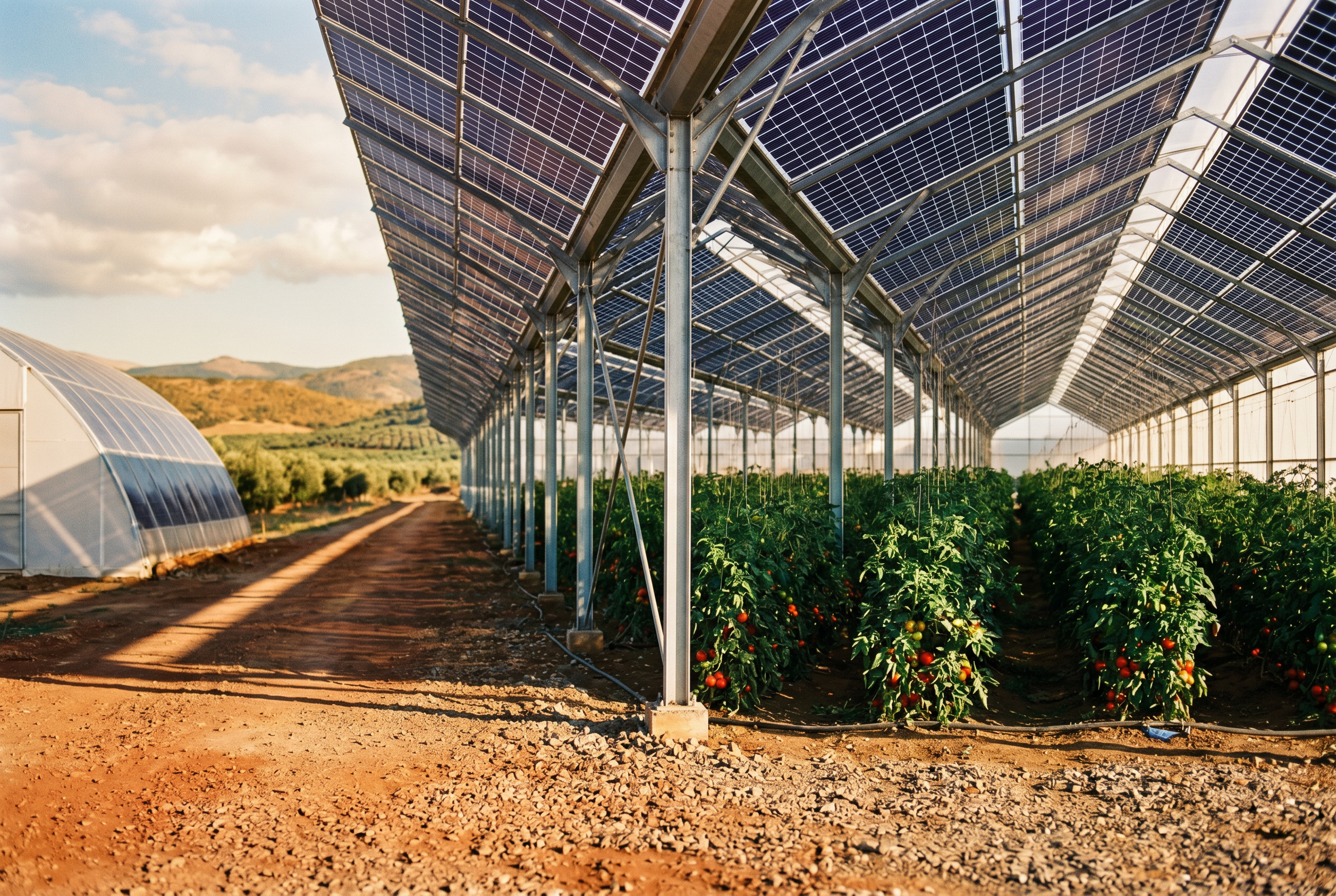 Menderes ovasında tarımsal sera çatısına bifacial panel dizimi geç öğleden sonra