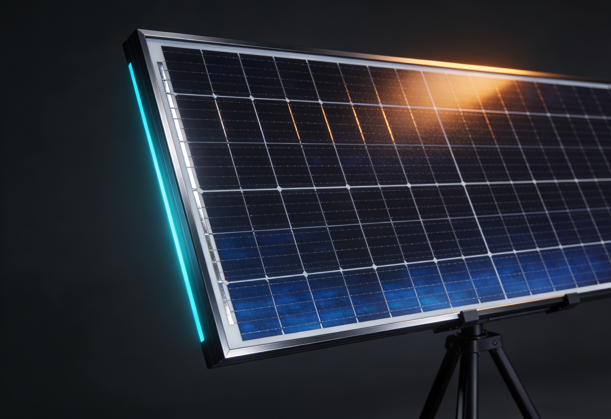 Tek başına stüdyo arka planında sergilenen 595 watt monokristal TOPCon güneş paneli yakın çekim